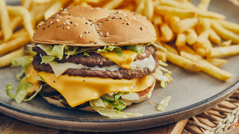 Large fast food burger with fries