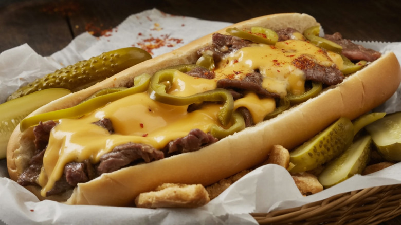 Cheesesteak sandwich loaded in basket