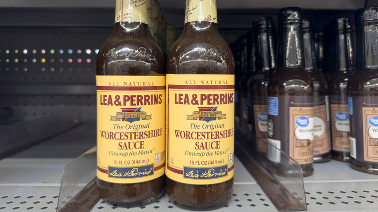 Lea & Perrins and Great Value Worcestershire sauces on grocery store shelf
