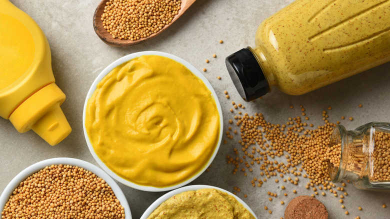 Different types of mustard and mustard seeds in small bowls and bottles