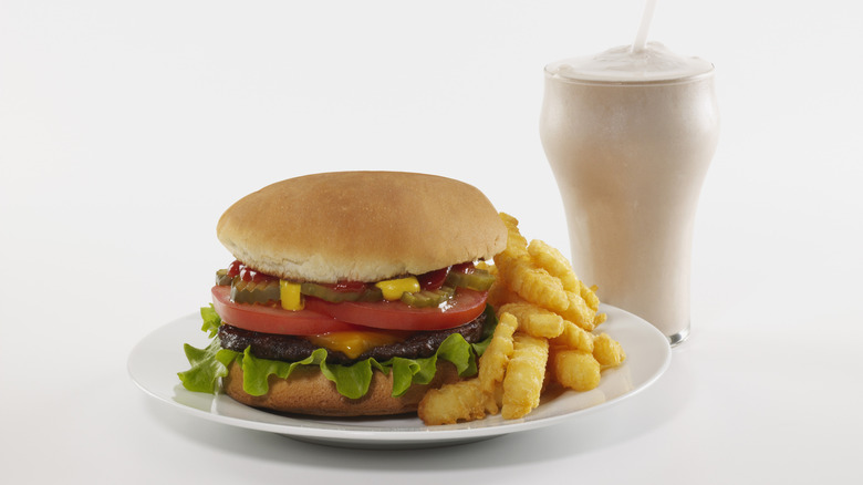 Diner burger and milkshake with side of crinkle fries