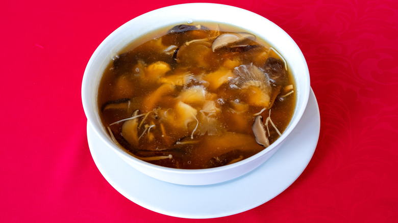 Shark fin soup in white bowl on plate against red background