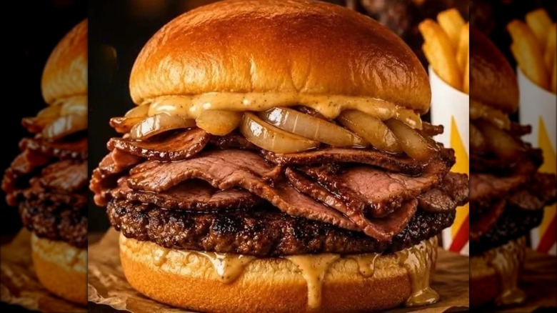 Hardee's prime rib burger with fries in the background