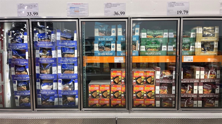 A frozen seafood display at Costco.