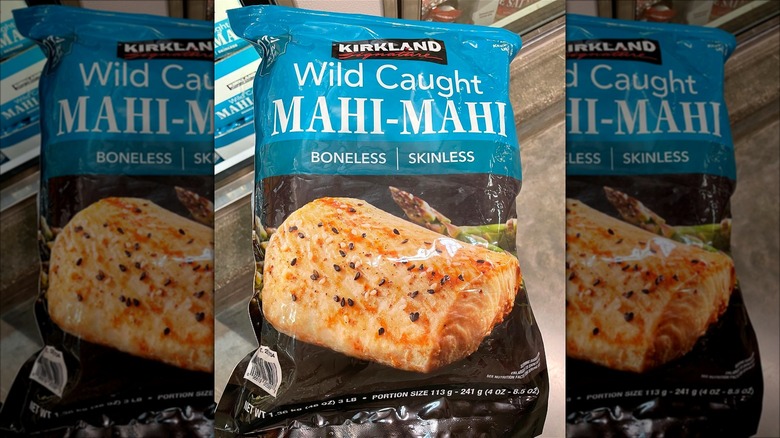 A pack of Kirkland Signature wild-caught mahi-mahi from Costco.