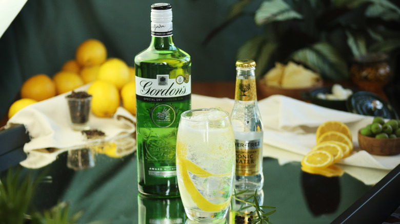 Gin and tonic with bottles of Gordon's and tonic water