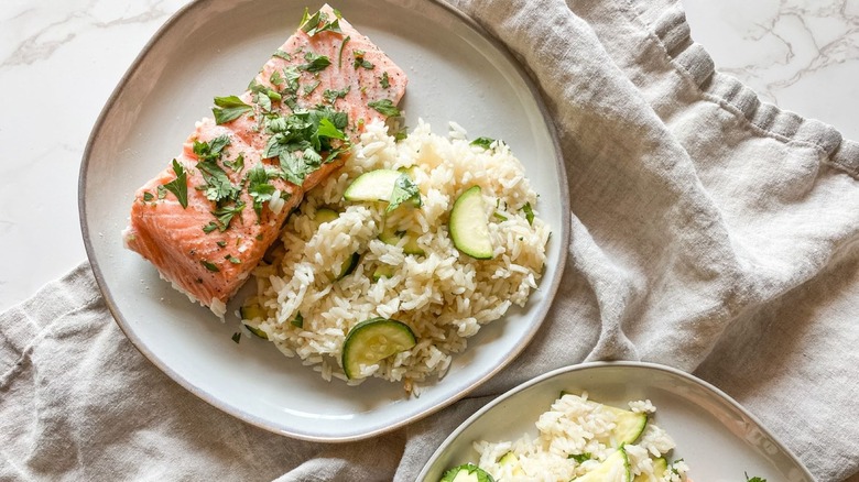 plate of salmon and rice