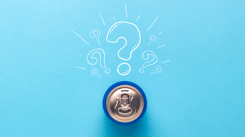 Canned beverage with question marks