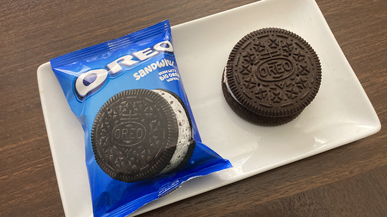Oreo ice cream sandwich on tray