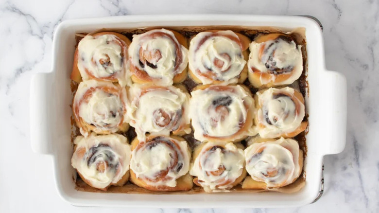 Pan of iced cinnamon rolls