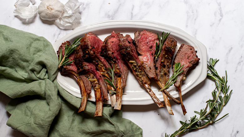 Roasted Lamb slices on white platter