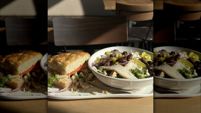 Panera Bread sandwich and salad on display