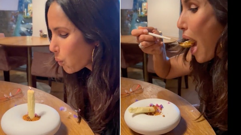 Padma Lakshmi eating her birthday candles