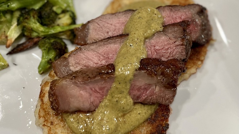 Steak with poblano sauce