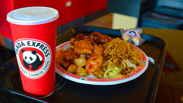 tray with Panda Express food and drink