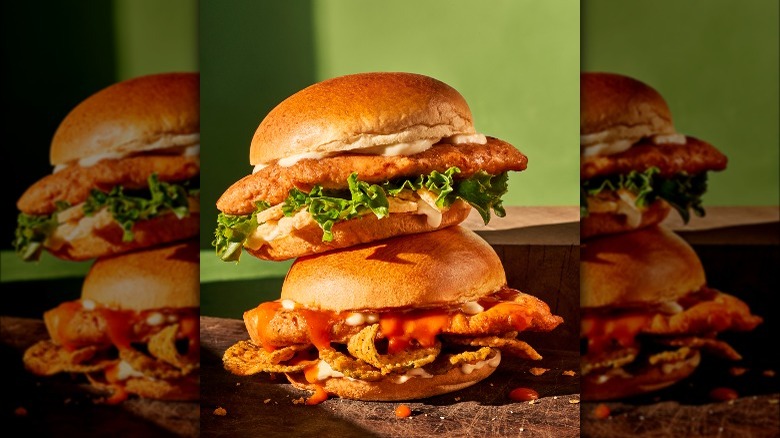 A stack of Panera Chef's Chicken Sandwich