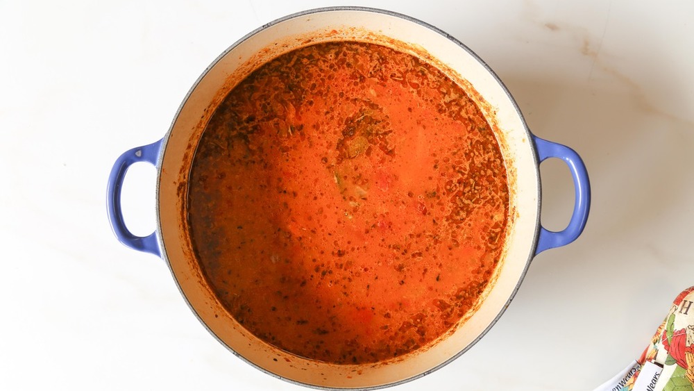 broth for Pasta E Fagioli in pot