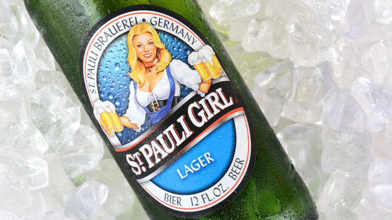 Closeup of St. Pauli Girl beer bottle