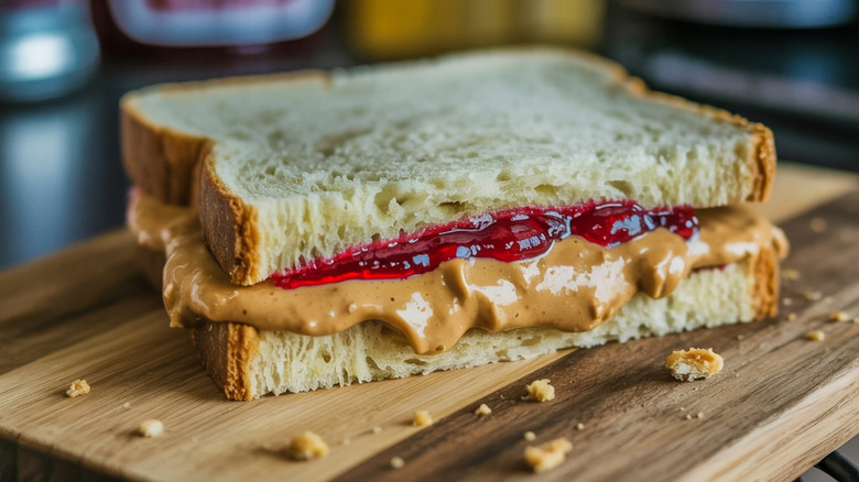 A peanut butter and jelly sandwich oozes out onto a cutting board.