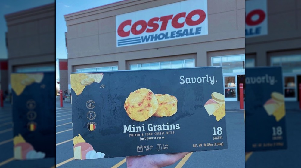 Mini gratin bites in front of Costco sign