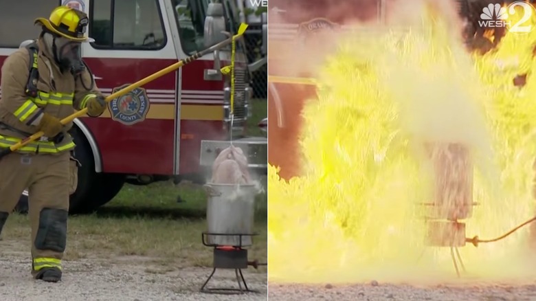 Fireman dropping frozen turkey into hot oil