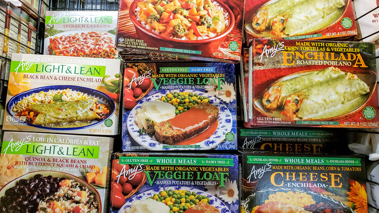 Stack of Amy's Kitchen frozen meals