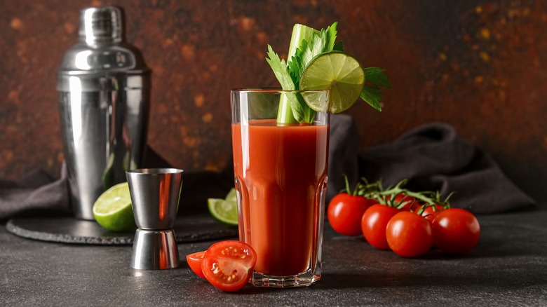Bloody Mary surrounded by ingredients