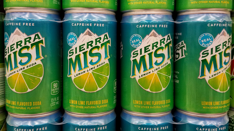 Rows of Sierra Mist soda cans