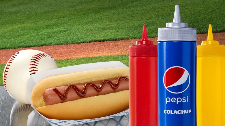 softball, hotdog, condiments