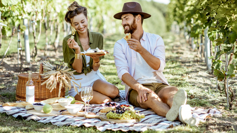 Woman and man enjoying a picnic 