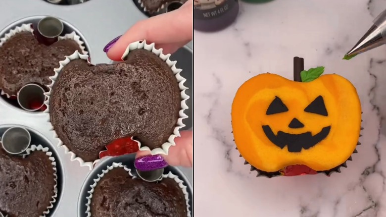 Baked pumpkin shaped cupcakes