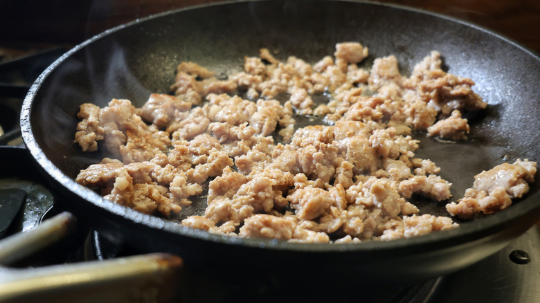skillet of crumbled breakfast sausage