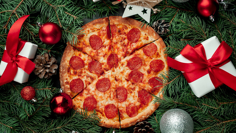 pepperoni pizza with holiday decor