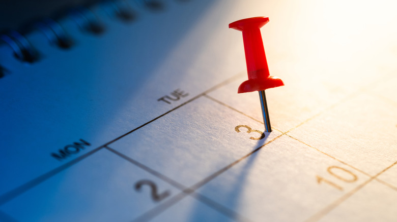 A red push pin pinned on a Tuesday slot in a desk calendar