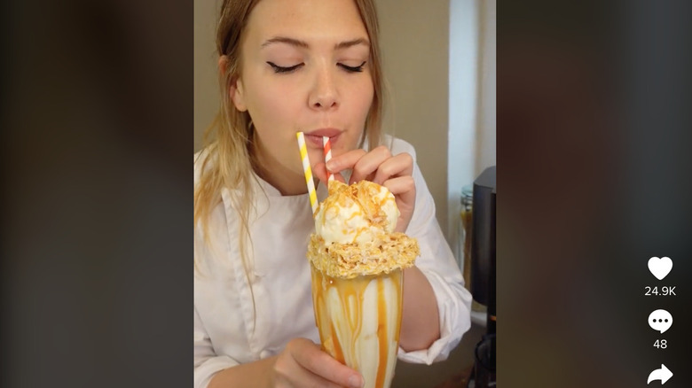 Poppy O'Toole sipping her Cereal Killer milkshake