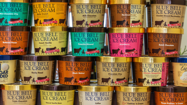 Containers of different flavors of Blue Bell Ice Cream