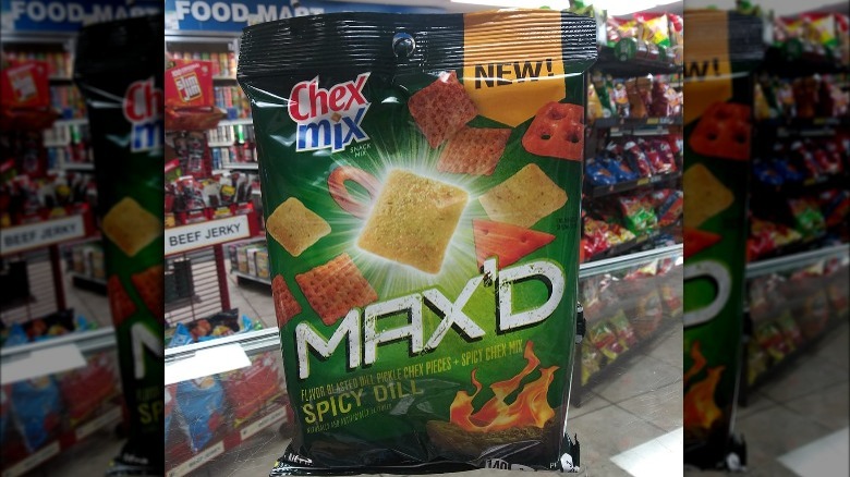 Bag of  Max'd Spicy Dill Chex Mix in the Store