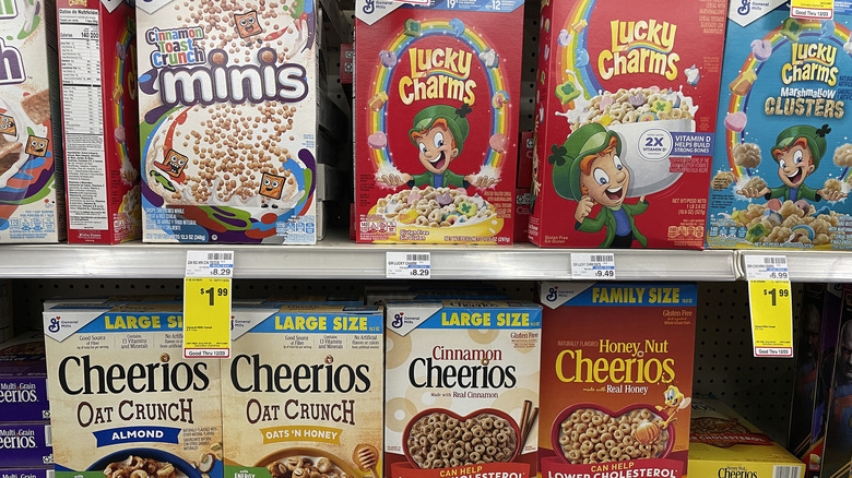 Assorted General Mills Cereals on store shelves