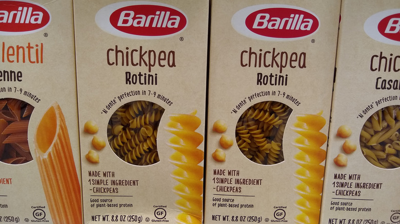 Several boxes of Barilla Chickpea Rotini Pasta 