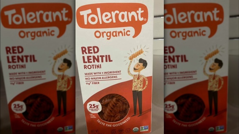 A box of Tolerant Foods Red Lentil Rotini 