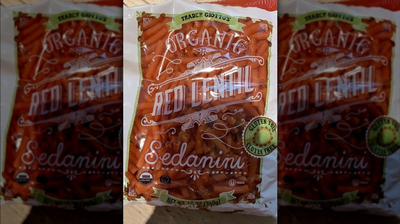 A bag of Trader Joe's Red Lentil Sedanini Pasta