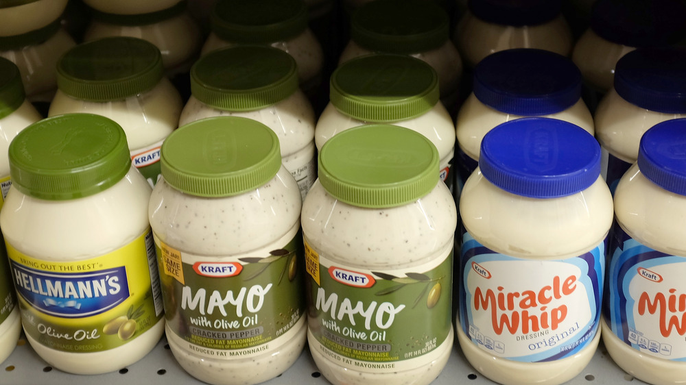 Jars of mayonnaise on a shelf