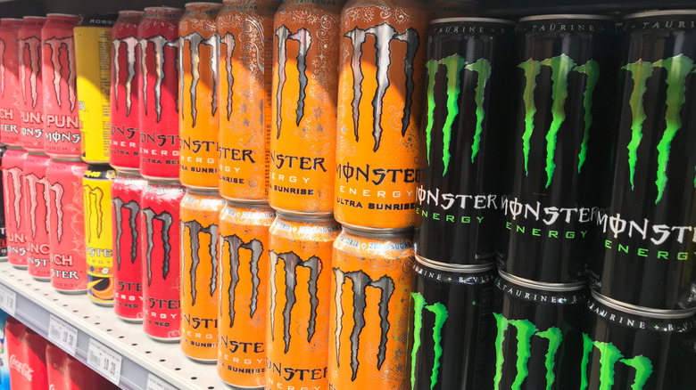 Monster Energy drinks on store shelf