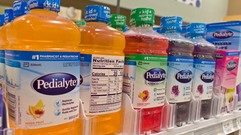 Bottles of Pedialyte on store shelf