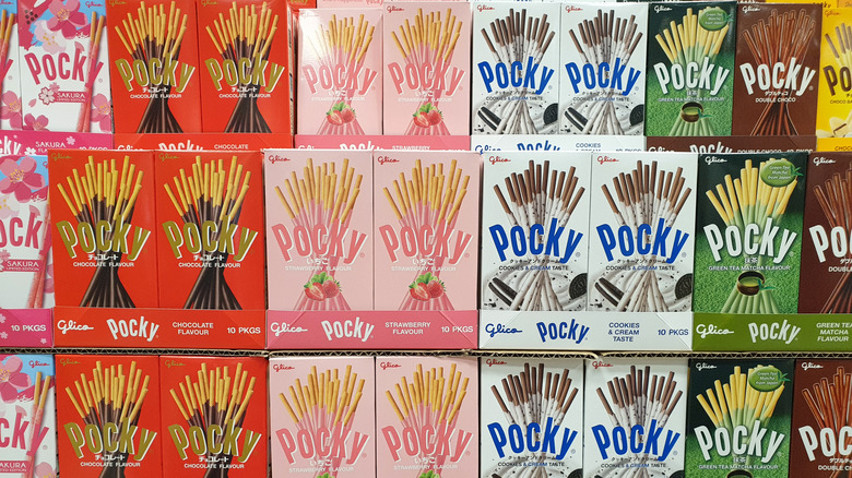 a variety of Pocky boxes on display