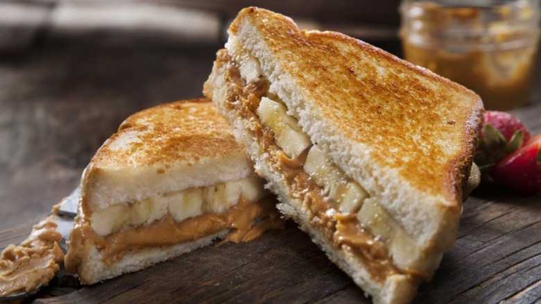 Peanut butter and banana sandwich on toasted white bread