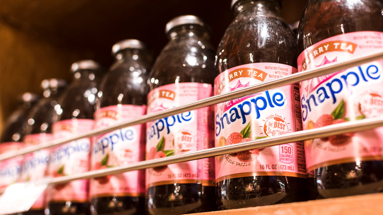 A display of many Snapple varieties in a supermarket