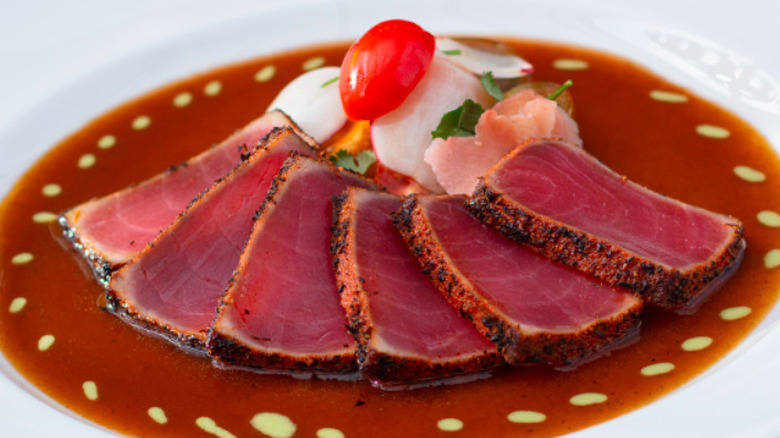 Blackened Ahi Sashimi with garnish  