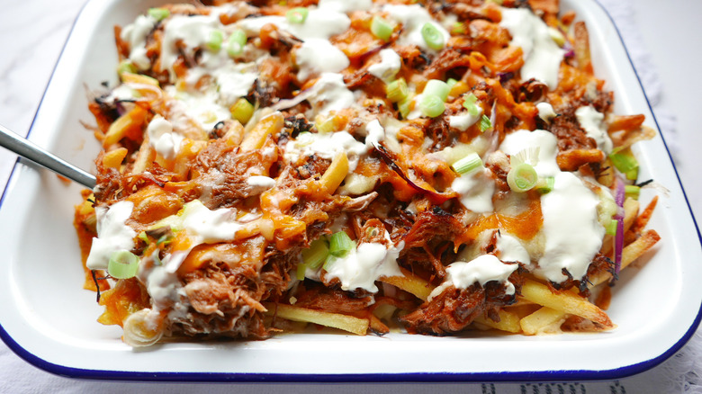 Pork Loaded French Fries on a tray 