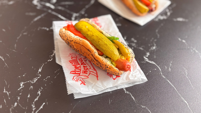 Portillo's Chicago-style hot dog on countertop